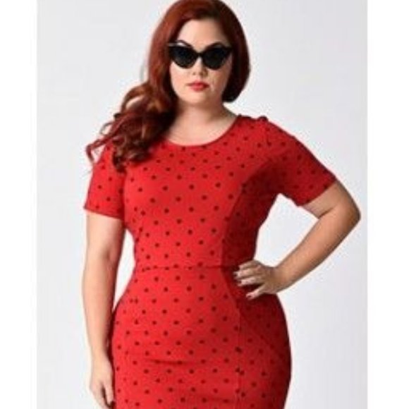 Unique Vintage Dresses & Skirts - Unique Vintage Red & Black Dotted Mod Wiggle Dress